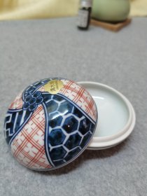 日本清水烧手绘青花赤绘香合/印泥盒（全新全品）