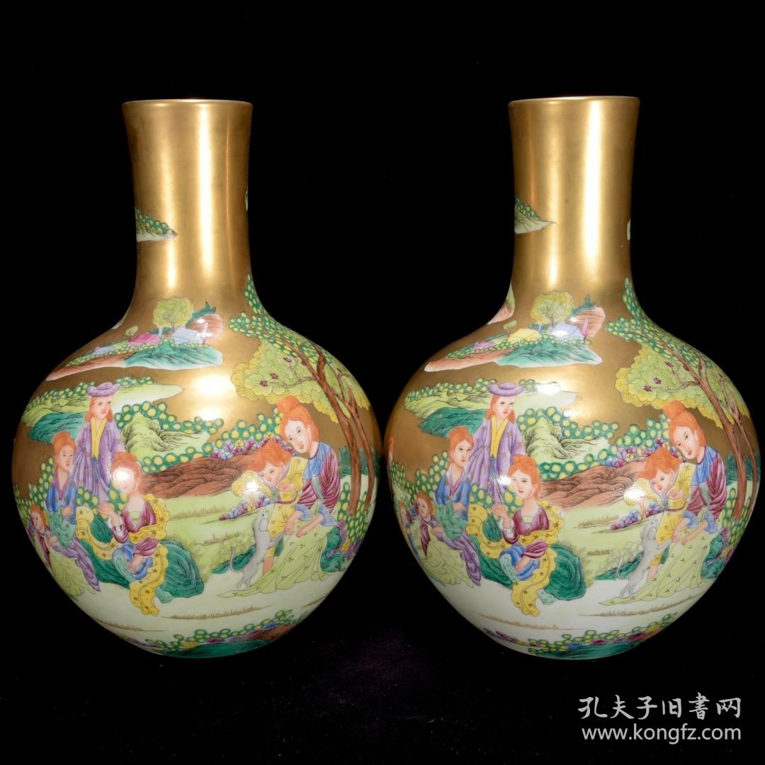 清雍正鎏金粉彩西洋人物纹天球瓶