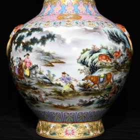 清乾隆金地粉彩通景乾隆狩猎图辅首尊