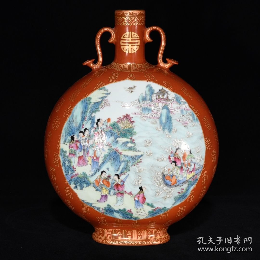 清乾隆粉彩群仙祝寿纹如意耳瓶 尺寸：33.5×25.5×13厘米 价格7600