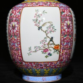 清乾隆胭脂红地粉彩花鸟诗文反口瓶 高33.5cm直径18cm 价格6200