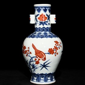 明宣德青花矾红花鸟纹双耳瓶，高31cm直径16.3cm，价1520