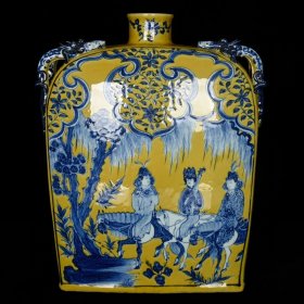 元青花黄釉昭君出塞人物故事纹盘龙扁瓶 尺寸：38cm x 30cm x 15cm 价格 2400
