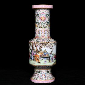乾隆粉彩桃林夜宴纹棒槌瓶，高33.5cm直径13cm，价3600