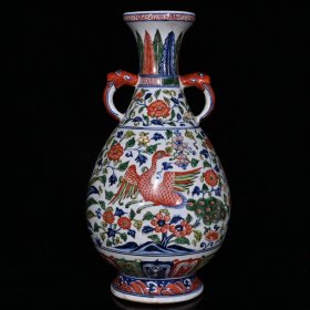 大明永乐五彩缠枝莲凤纹双耳瓶（36×18cm）700元