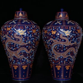 元代樞府霁蓝沥粉五彩描金堆线龙凤梅瓶（48.5×26cm）3600元