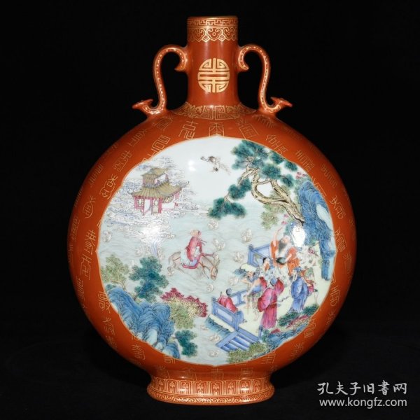 清乾隆粉彩群仙祝寿纹如意耳瓶 尺寸：33.5×25.5×13厘米 价格7600