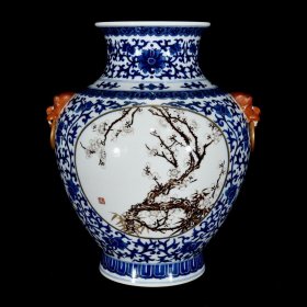 清乾隆青花墨彩花鸟纹兽耳瓶 尺寸：26×23厘米 价格4600