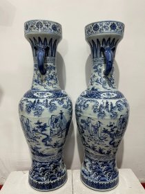 明天顺青花琴棋书画人物纹象耳瓶