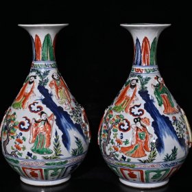 元代博陵第五彩雕刻八仙玉壶春瓶（44.5×26cm）1400一对元
