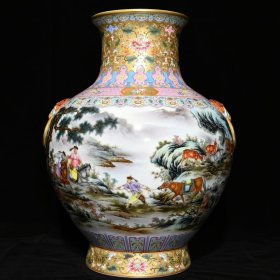 清乾隆金地粉彩通景乾隆狩猎图辅首尊