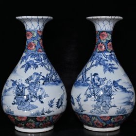 元代青花釉中彩华坨传玉壶春瓶（44×23.5cm）1800一对元