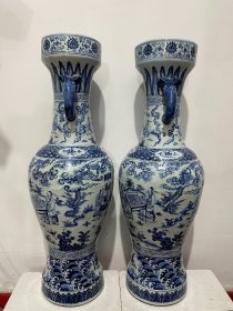明天顺青花琴棋书画人物纹象耳瓶