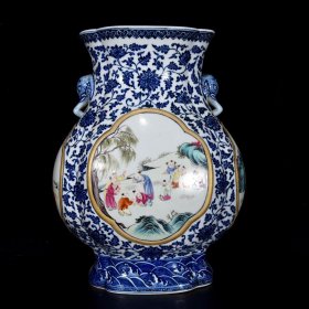 清乾隆青花缠枝莲花卉纹开窗童子戏春图象耳尊 尺寸：41.5×31×24厘米 价格6800