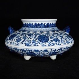 清乾隆青花缠枝花卉纹双耳洗  12.5×21厘米 价:3000