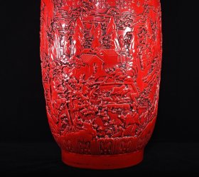 清乾隆红釉高浮雕山水纹冬瓜瓶；高60×30厘米价2470