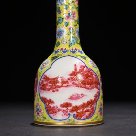 清雍正黄地珐琅彩开窗胭脂红山水纹摇铃瓶摇铃尊