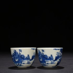 清康熙青花老子出关人物纹卧足杯 尺寸：4.5*6厘米 价格1615