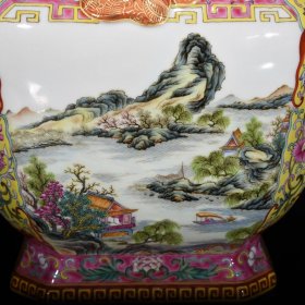 清乾隆粉彩缠枝莲花卉开窗山水题诗纹鎏金受带箱器35×20×15 厘米￥7950