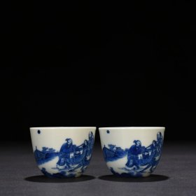 清康熙青花老子出关人物纹卧足杯 尺寸：4.5*6厘米 价格1615