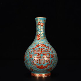 清乾隆松石绿地矾红描金福寿花卉纹胆瓶 高17.5厘米 宽10.5厘米 价格1200