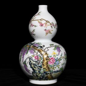 清乾隆粉彩紫藤花鸟纹葫芦瓶 高28.5cm直径17cm 价格3800