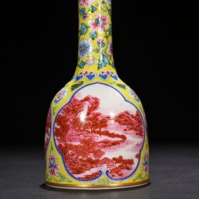 清雍正黄地珐琅彩开窗胭脂红山水纹摇铃瓶摇铃尊
