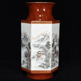 清乾隆木纹釉墨彩山水亭台楼阁纹六方瓶 尺寸：34×15厘米 价格3800