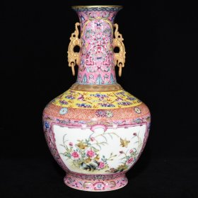 清雍正珐琅彩花鸟纹双耳瓶，35.5×22厘米 价:4640