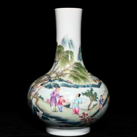 雍正粉彩农家乐纹天球瓶，高30.5cm直径20cm，