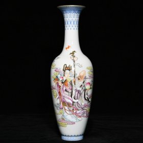 清乾隆 粉彩麻姑献寿纹柳叶瓶；高27.8cm直径8.8cm；价10000