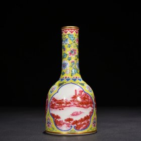 清雍正黄地珐琅彩开窗胭脂红山水纹摇铃瓶摇铃尊