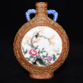 清乾隆珐琅彩花鸟纹双耳扁瓶，12×9.5×4.5厘米 价:3200