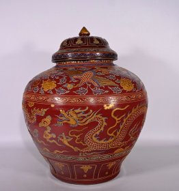 元代祭红釉沥粉描金龙洞纹盖罐，高40×34厘米2340