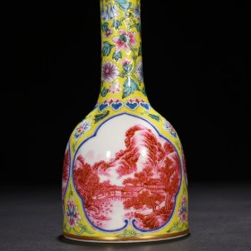 清雍正黄地珐琅彩开窗胭脂红山水纹摇铃瓶摇铃尊