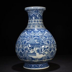 清乾隆青花开窗纺织人物天干地支盘口瓶 尺寸：55*38厘米 价格9600