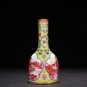 清雍正黄地珐琅彩开窗胭脂红山水纹摇铃瓶摇铃尊