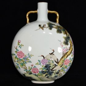 清雍正粉彩松鹤纹如意耳扁瓶 尺寸：31×25×12厘米 价格5300