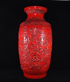 清乾隆红釉高浮雕山水纹冬瓜瓶；高60×30厘米价2470