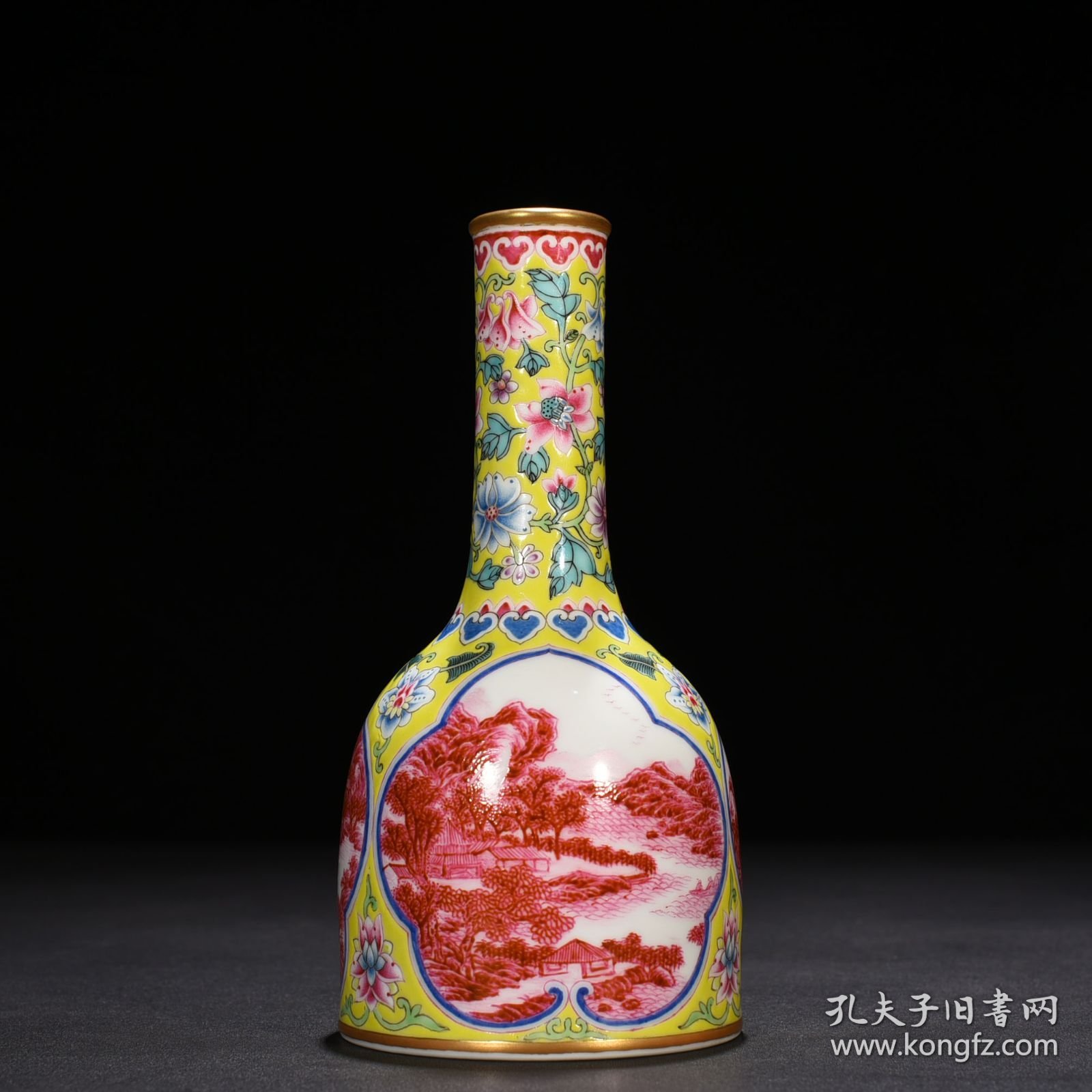 点击查看原图 清雍正黄地珐琅彩开窗胭脂红山水纹摇铃瓶摇铃尊