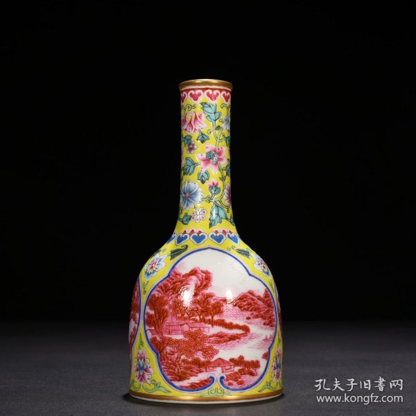 清雍正黄地珐琅彩开窗胭脂红山水纹摇铃瓶摇铃尊