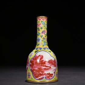 清雍正黄地珐琅彩开窗胭脂红山水纹摇铃瓶摇铃尊