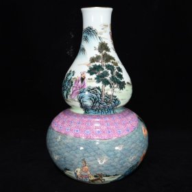 清乾隆粉彩群仙会纹葫芦瓶，23.5×15厘米 价:4800