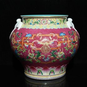 清乾隆粉彩胭脂红扒花福寿绵长花卉纹燕子缸 尺寸26*33厘米 价格4200