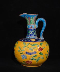 明永乐砝华彩高瓜果纹花浇，高26.5×18.5厘米800