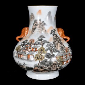 清雍正墨彩山水纹象耳尊 尺寸：28×23厘米 价格 3000