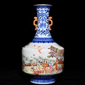 清乾隆青花粉彩百子闹春图双耳瓶，高31.8cm直径19cm，