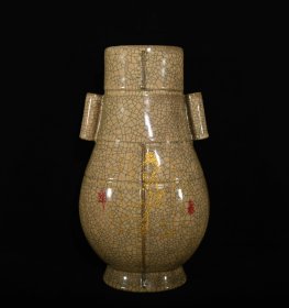 宋哥窑大宋御哥款刻字描金题诗纹贯耳瓶，(大号)高40.5×22.5厘米1000