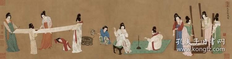 唐张萱捣练图绢本37x147cm十大传世名画绢本宣纸高清复制