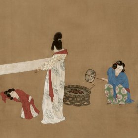 唐张萱捣练图绢本37x147cm十大传世名画绢本宣纸高清复制